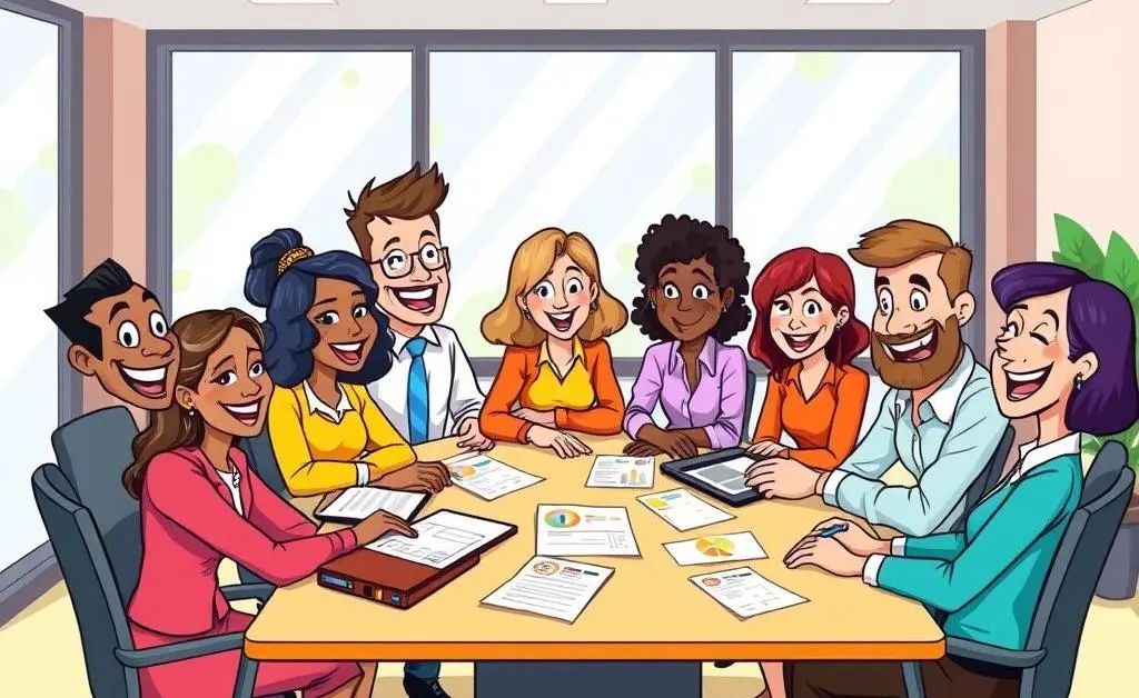 Cartoon-style image of a team discussing outsourcing options at a desk
