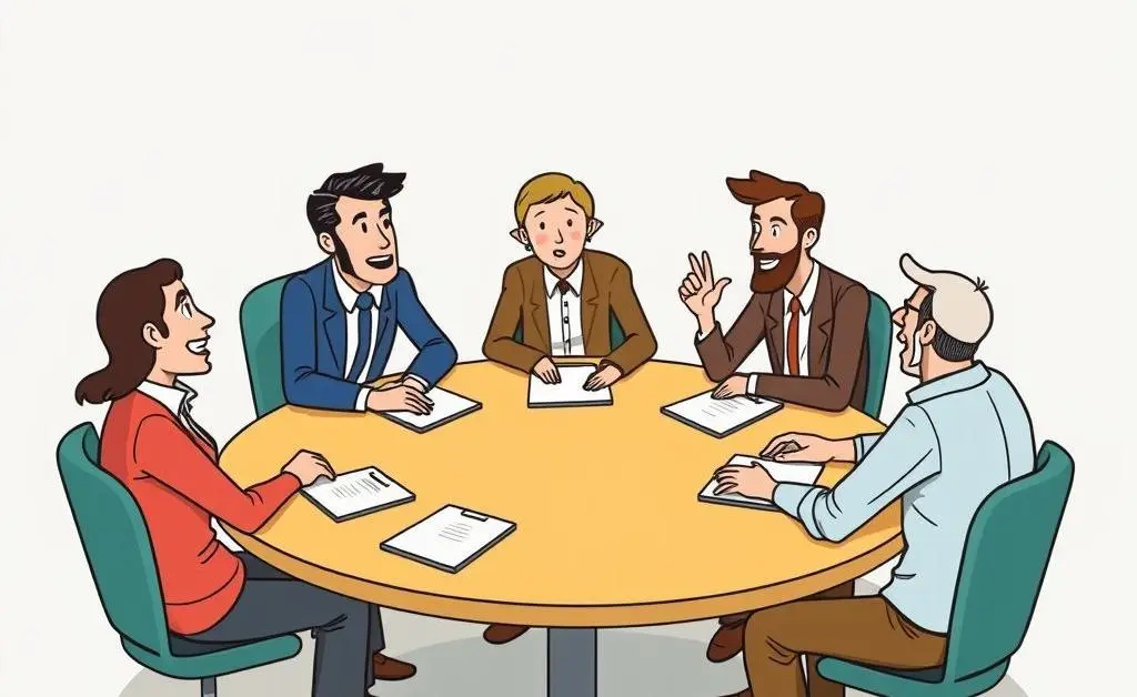 Team engaged in a spirited discussion around a round table