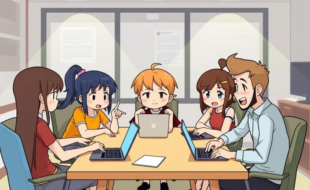 A small team of animated characters in a casual office setting, discussing around a table with laptops open.