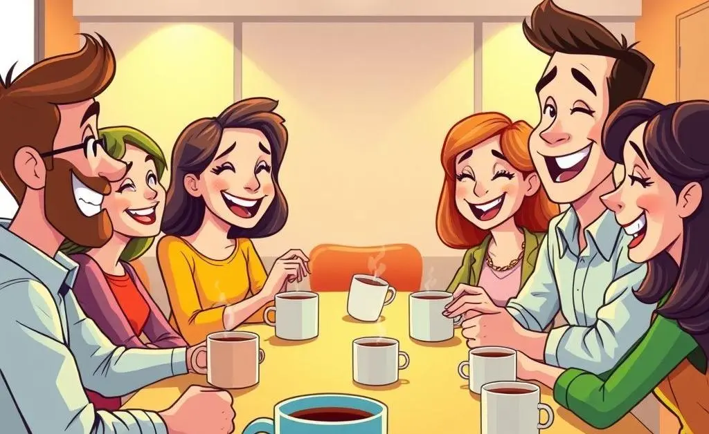 Team meeting with laughter and coffee cups