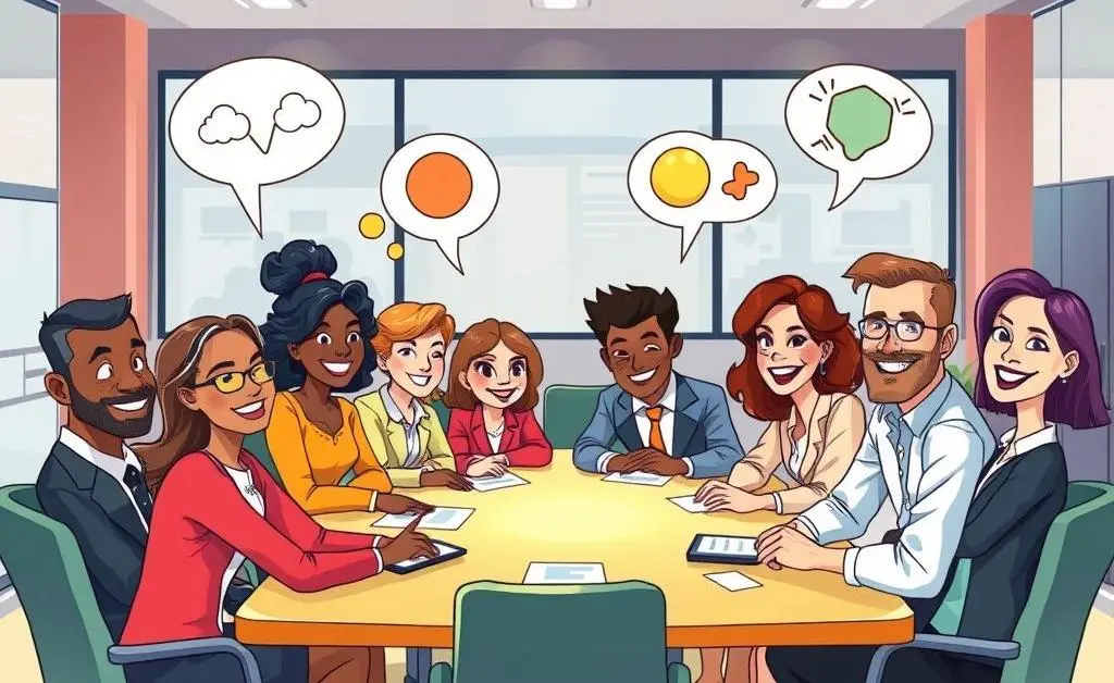 Cartoon-style group of diverse professionals sitting around a table discussing ideas