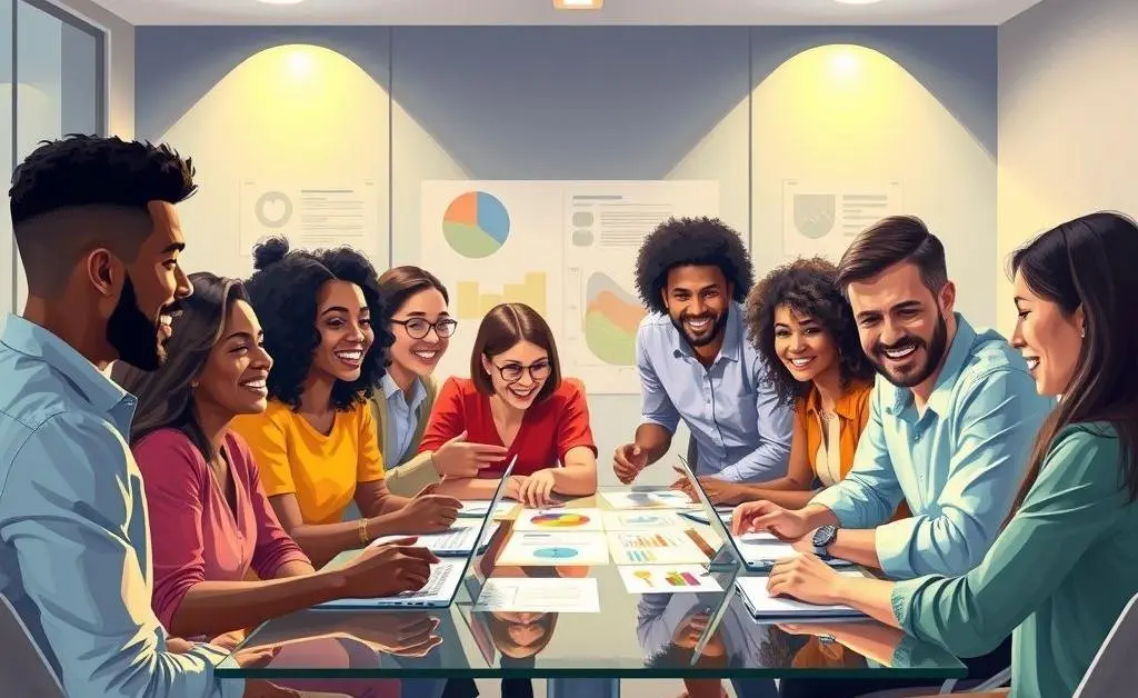 An illustration depicting a diverse team huddled around a table discussing a project.