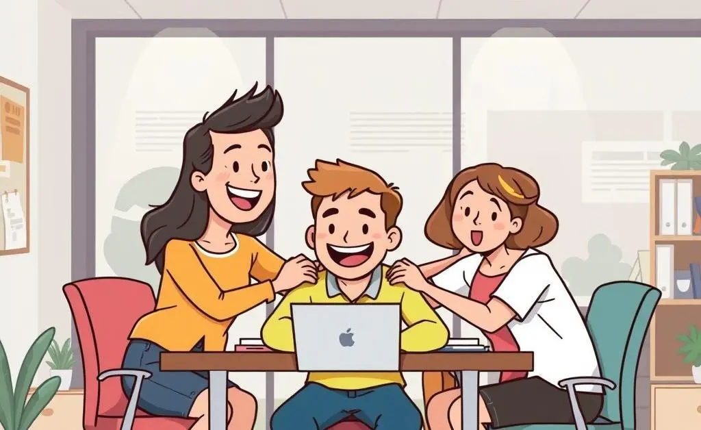 A cartoon of a team supporting each other in a casual office setting