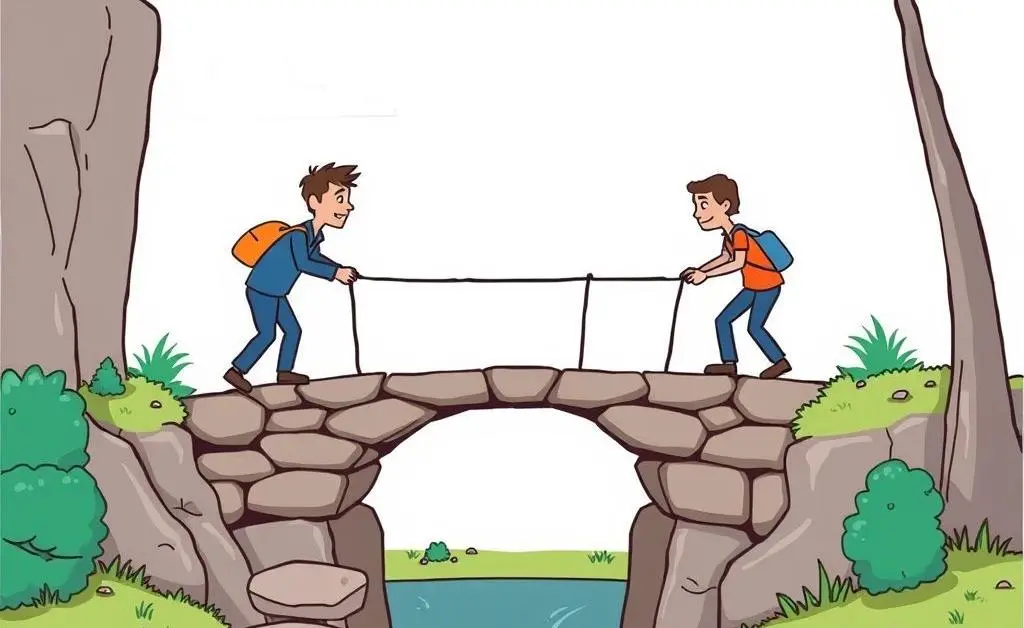 Cartoon showing a team building a bridge over a gap amidst stepping stones.