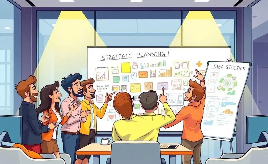 A cartoon-style image of a team in a meeting room, discussing strategies and pointing at a whiteboard.