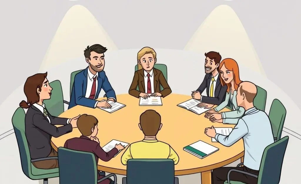 Cartoon depiction of insurance brokers collaborating at a large table.
