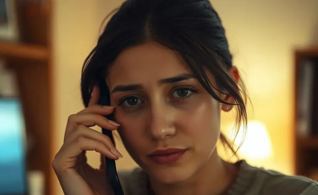 A person having a reflective moment during a phone call, slightly teary-eyed.