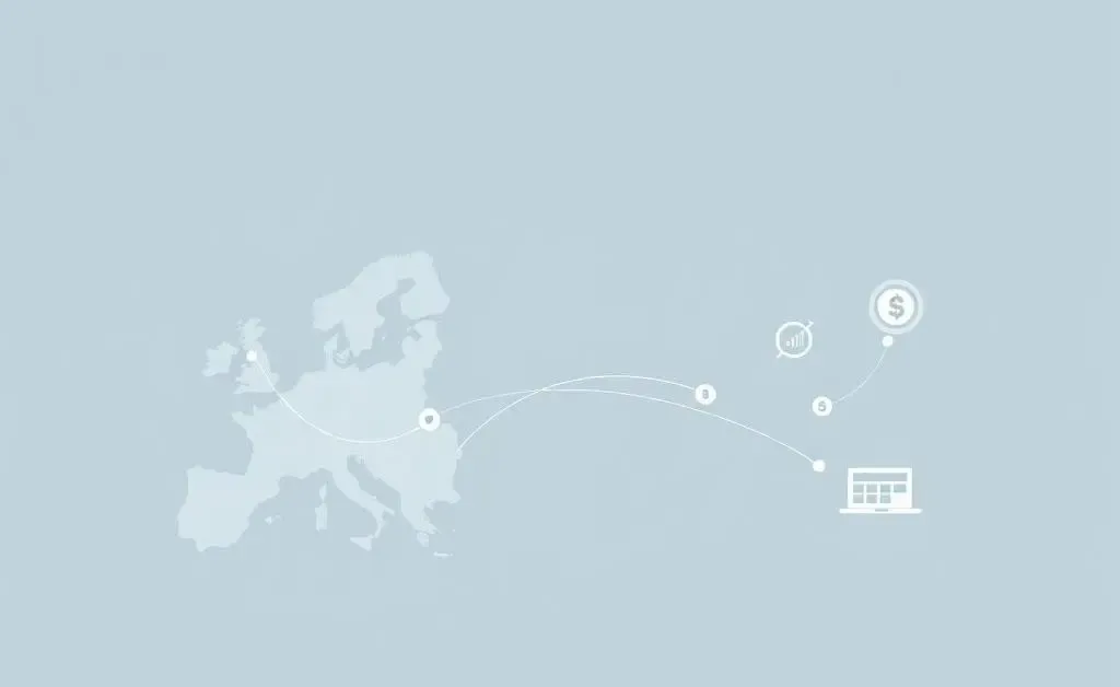 Modern minimalist illustration showing technology bridging the distance between Europe and the US for investments.