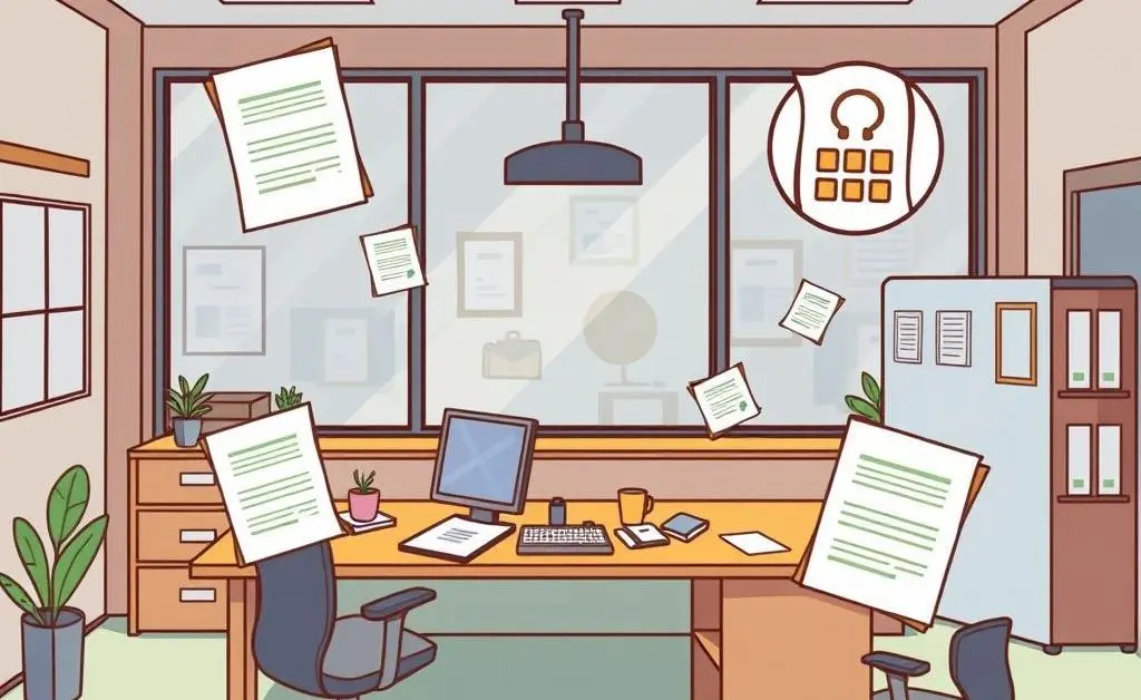 Cartoon-style drawing of a tech company's office with an overlay of documents and policy icons