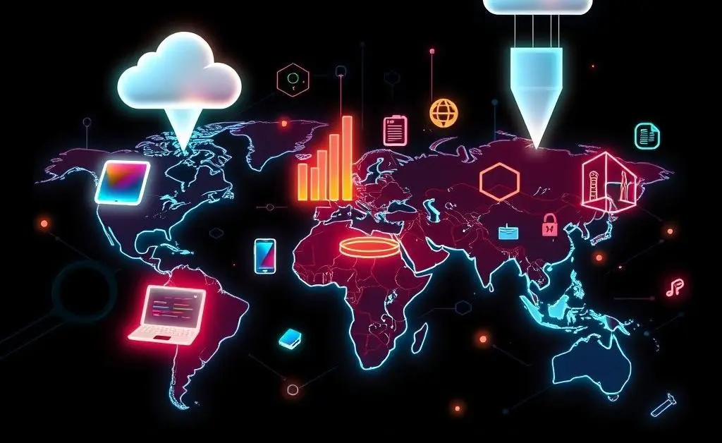 Illustration of a map with tech and investment symbols.