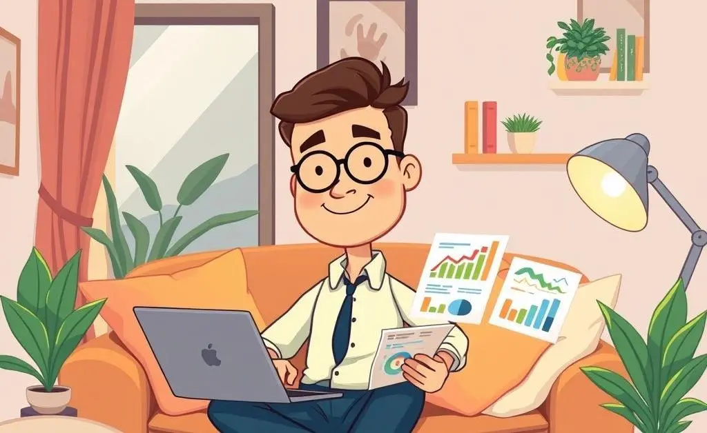 A relaxed investor planning strategies with graphs and a laptop.