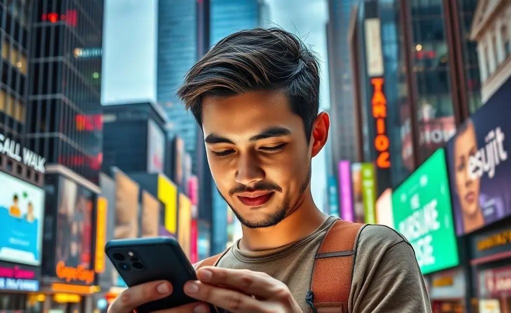 An individual using a phone app to manage virtual accounts, with a busy urban backdrop.