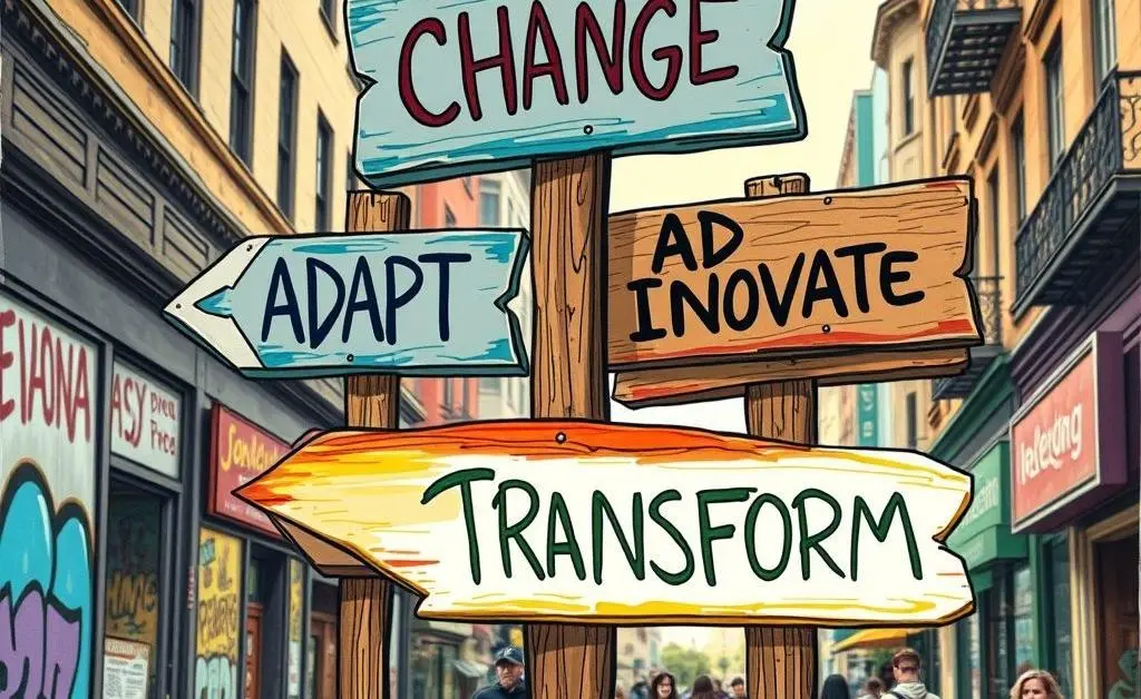 Street signs labeled with words like 'Change', 'Adapt', and 'Innovate'