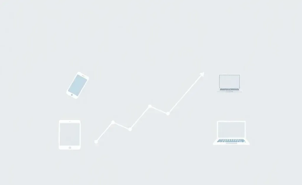 Minimalist artwork of technology symbols like phones and laptops around a rising graph.