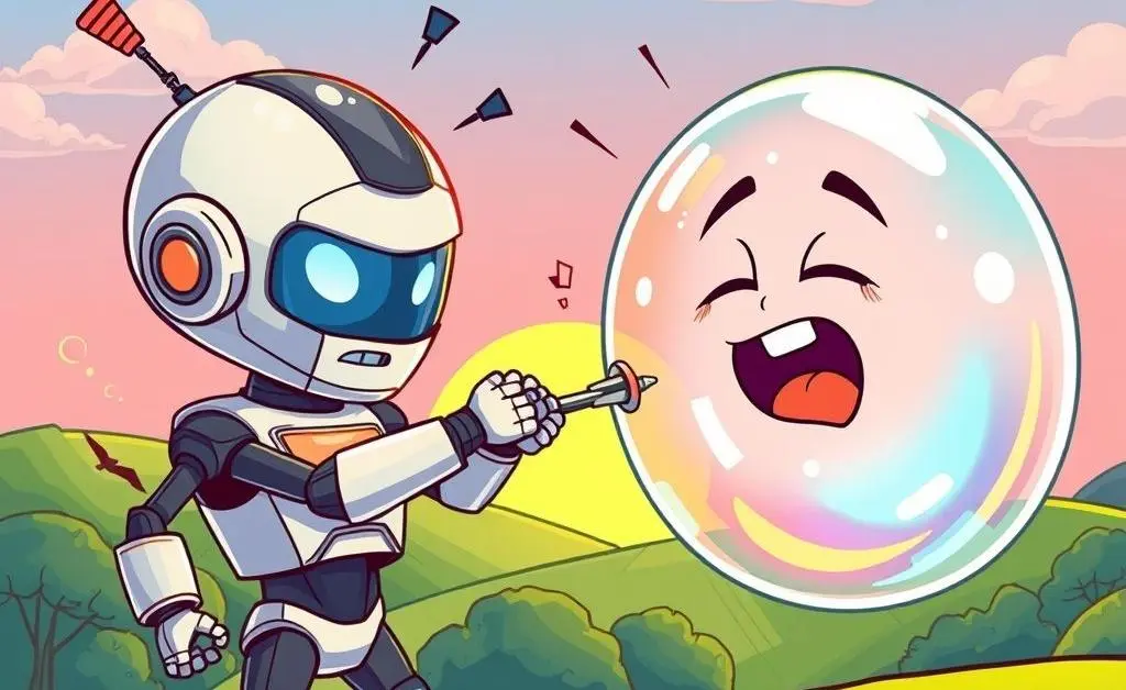 Cartoon-style tug of war between technology and a bubble representing market trends.