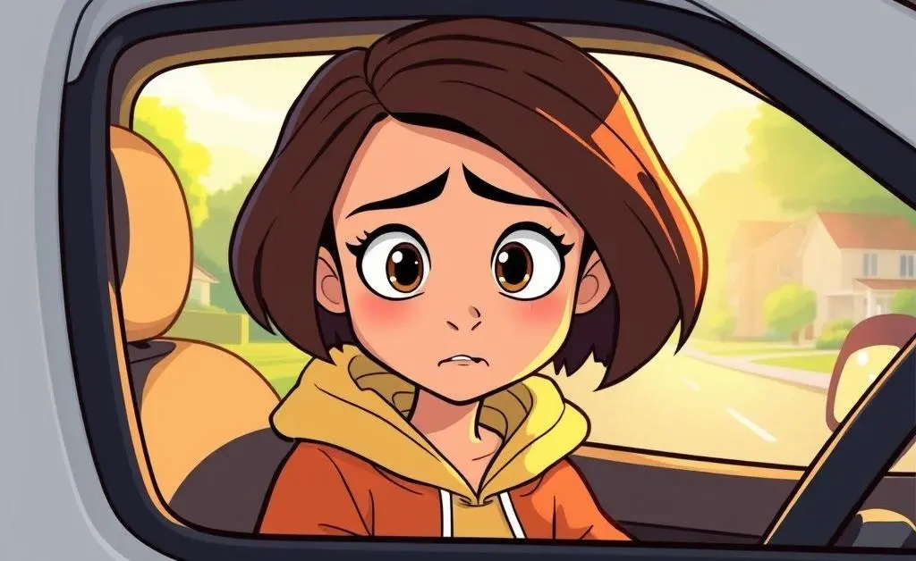 A cartoon teen sitting in a car with a worried expression, looking at a slight car damage.