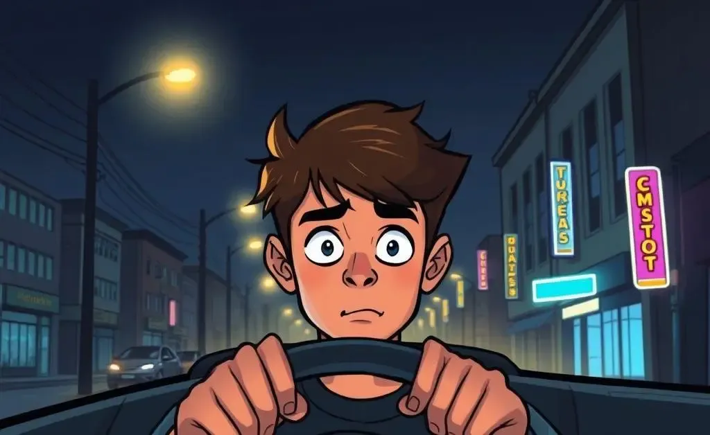 A cartoon of a teenager quietly driving a car at night, looking nervous