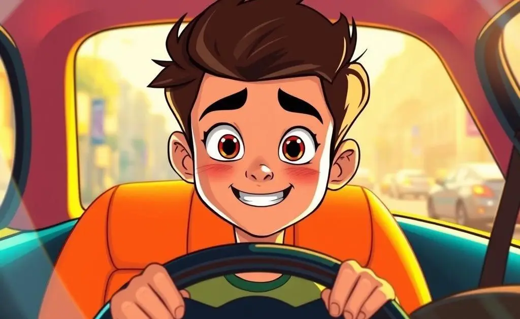 A cartoon teenager behind a steering wheel looking excited but nervous
