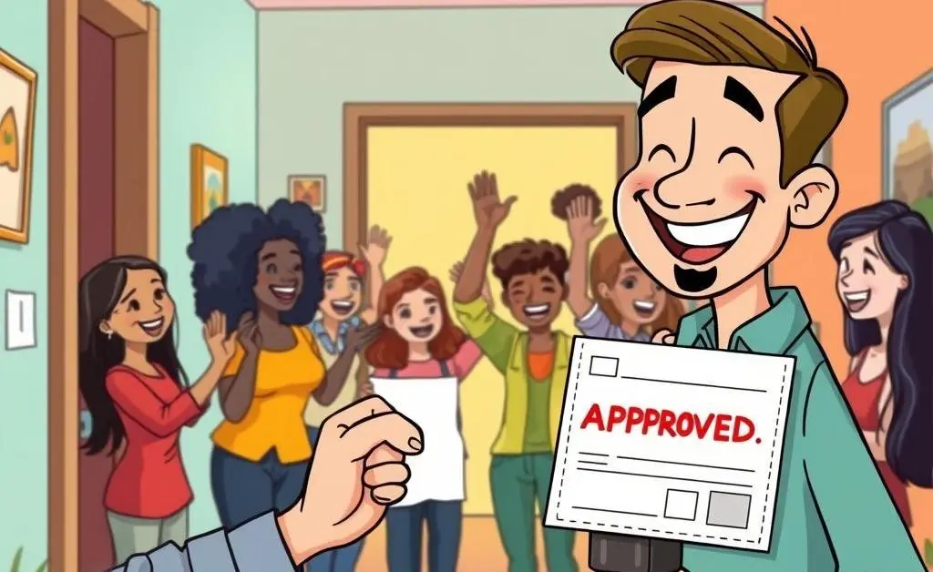 Cartoon of a landlord happily stamping 'approved' on a tenant application while roommates celebrate nearby.