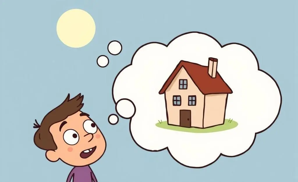 A cartoon of a tenant daydreaming about buying a house with a thought bubble showing a small house inside.