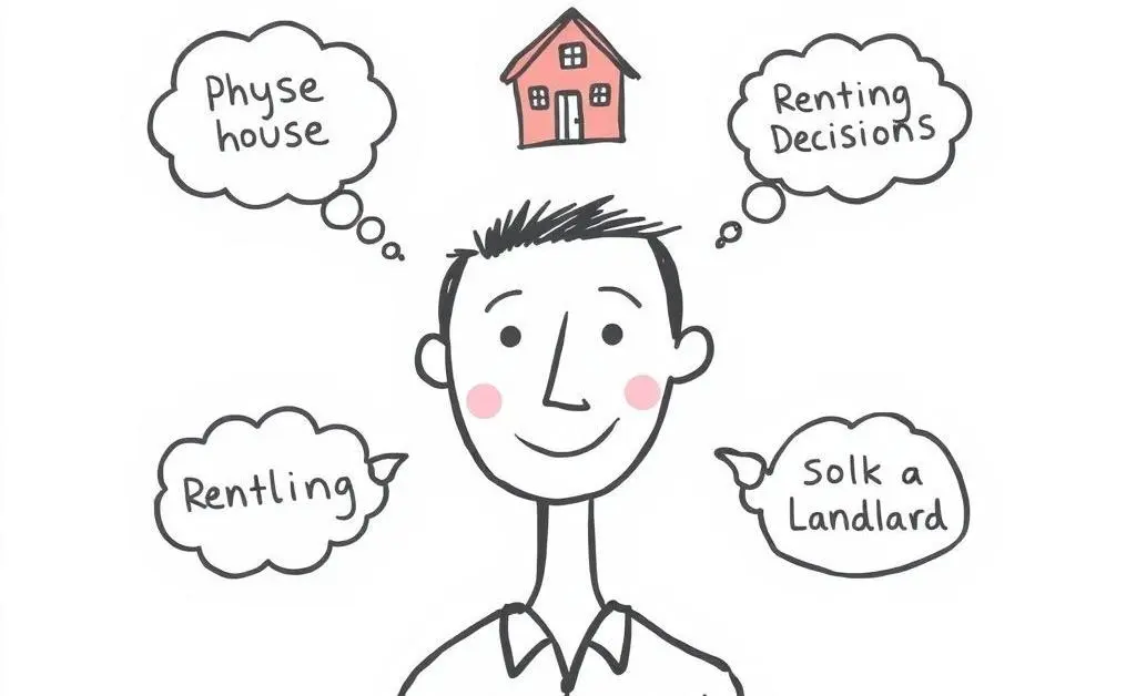 A person with thought bubbles about housing decisions and landlord communication.
