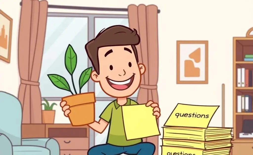 Tenant setting up a new apartment with housewarming items and questions