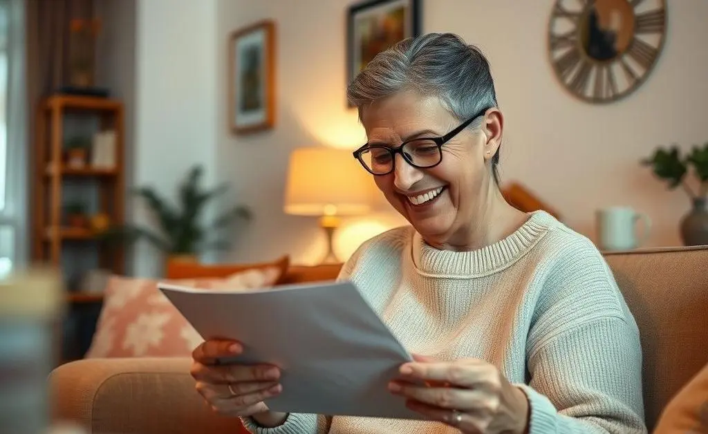 A cheerful tenant in a cozy, well-maintained apartment, reading a letter.