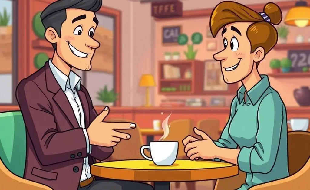 Cartoon of a landlord talking with a prospective tenant over coffee, with a friendly atmosphere.