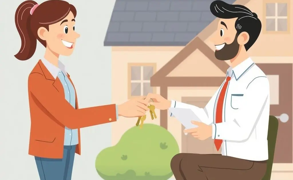 Illustration of a tenant receiving keys from a landlord in a friendly agreement setting