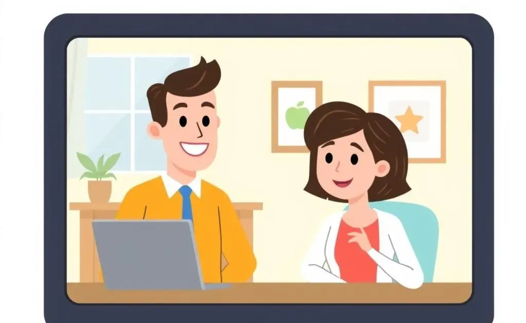 A cartoon-style image of a landlord having a virtual meeting with a tenant on a computer screen.