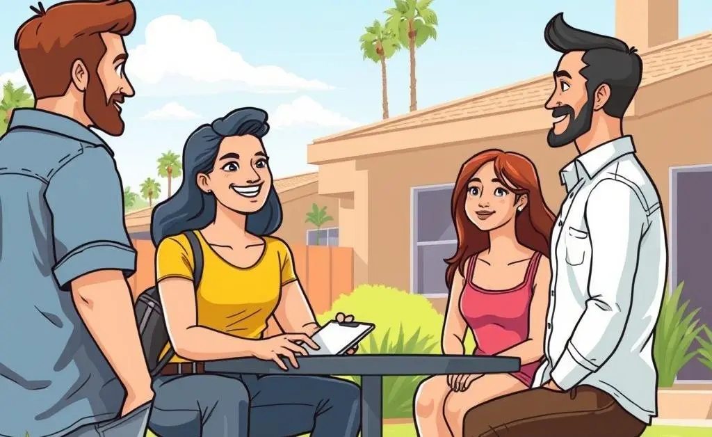 An illustration of a landlord meeting with satisfied tenants in a sunny outdoor setting in Phoenix.