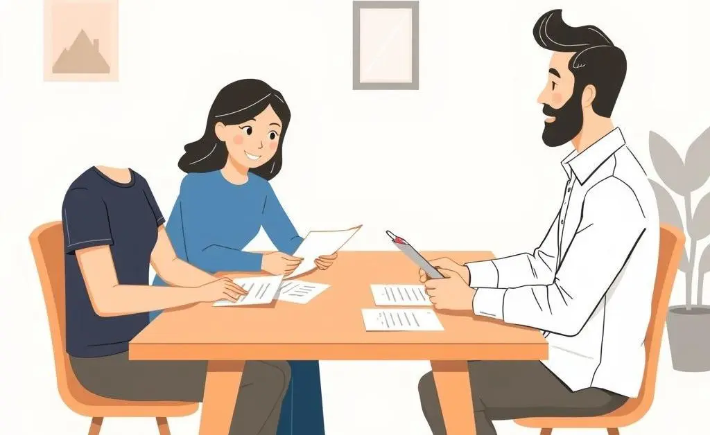 A clean modern illustration of tenants sitting with a homeowner discussing papers and contracts at a table.