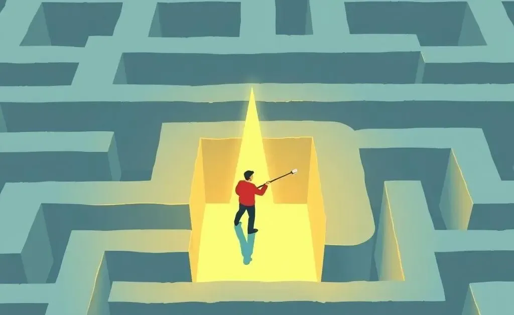 Illustration of a person navigating a maze labeled 'Life Insurance Terms' with a guiding light.