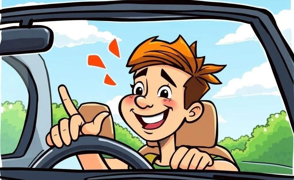 Person test-driving a car, smiling contemplatively.