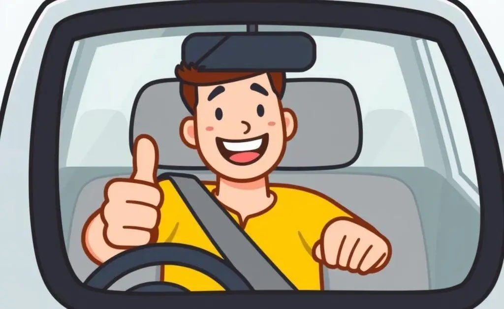 Illustration of a happy person test driving a car with a thumbs-up.