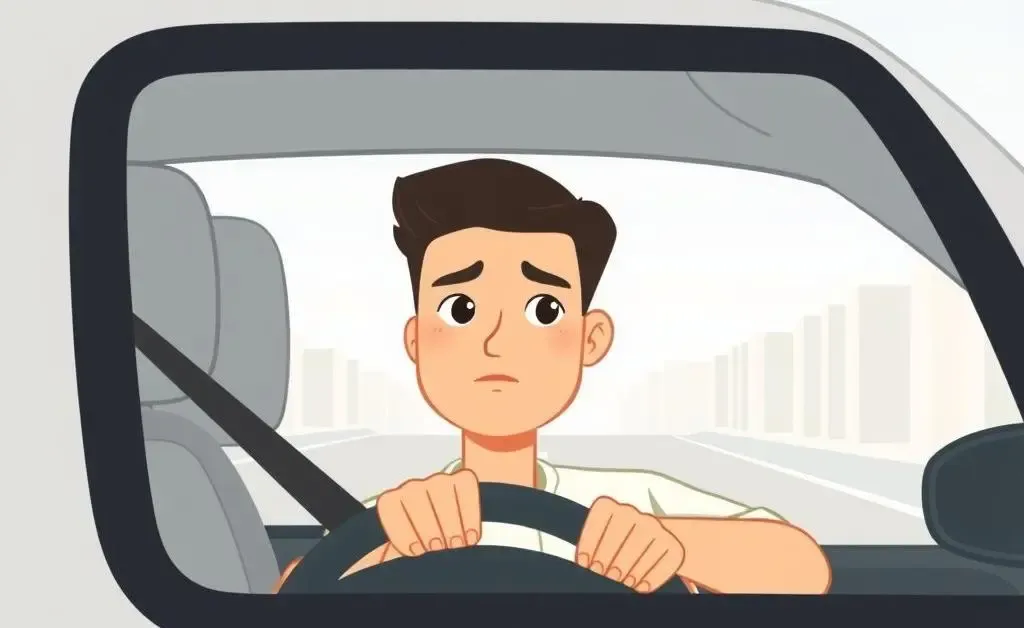Person test-driving a car and looking thoughtful.
