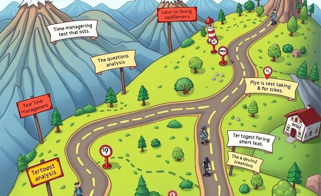 A cartoon depicting a road map with key strategies for test-taking success marked along the path.