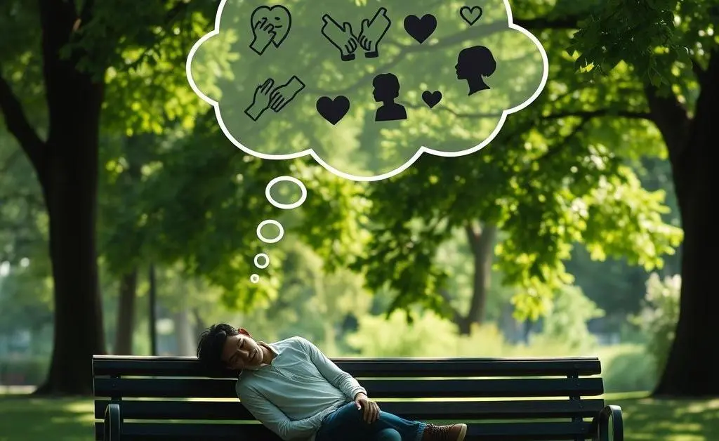 A person sitting on a bench thinking, with a thought bubble showing friendship symbols.