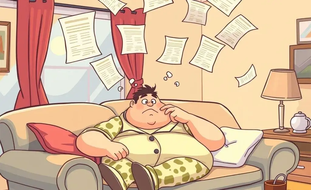 Cartoon-style image of a couch potato pondering over multiple floating mortgage documents.