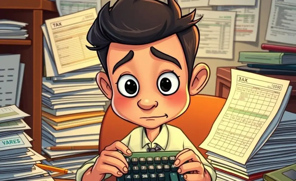 A cartoon figure thoughtfully looking at a calculator surrounded by tax forms and investment papers.