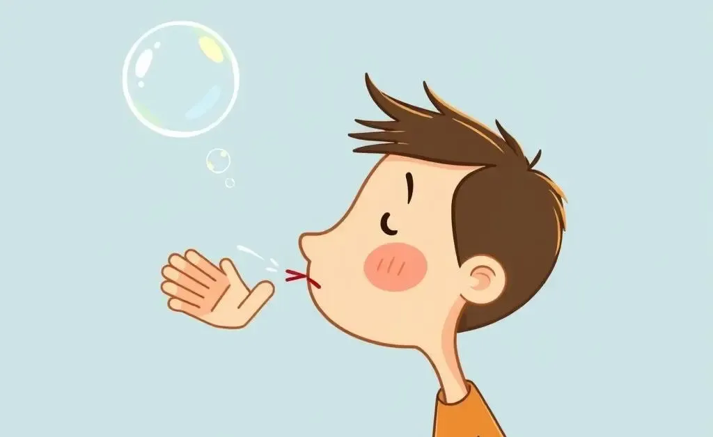 A cartoon person blowing a bubble, symbolizing releasing thoughts into the air.