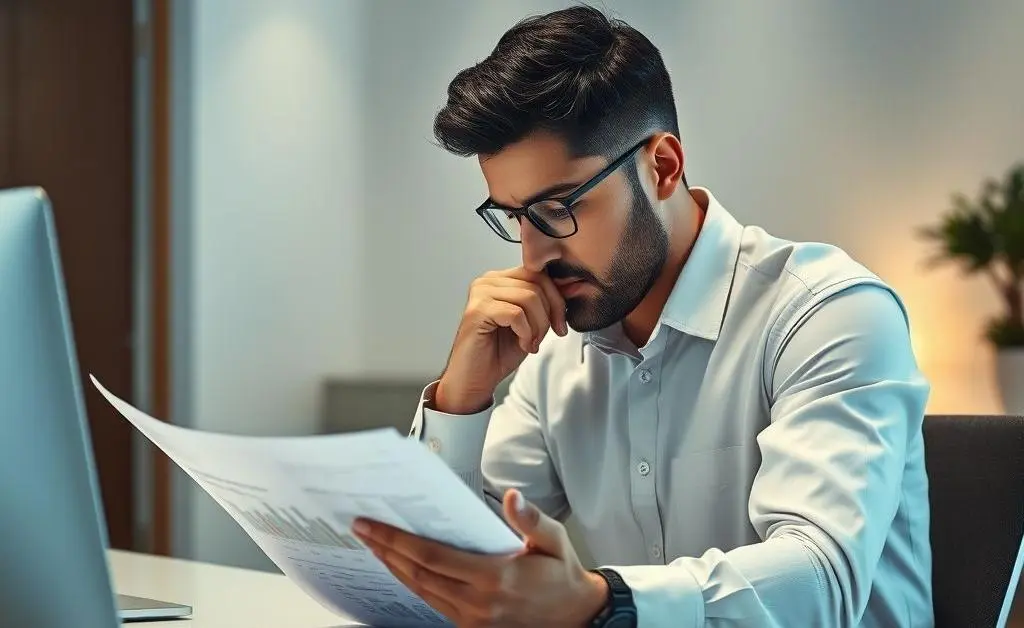 Individual focused on financial reports at a desk with a serene background