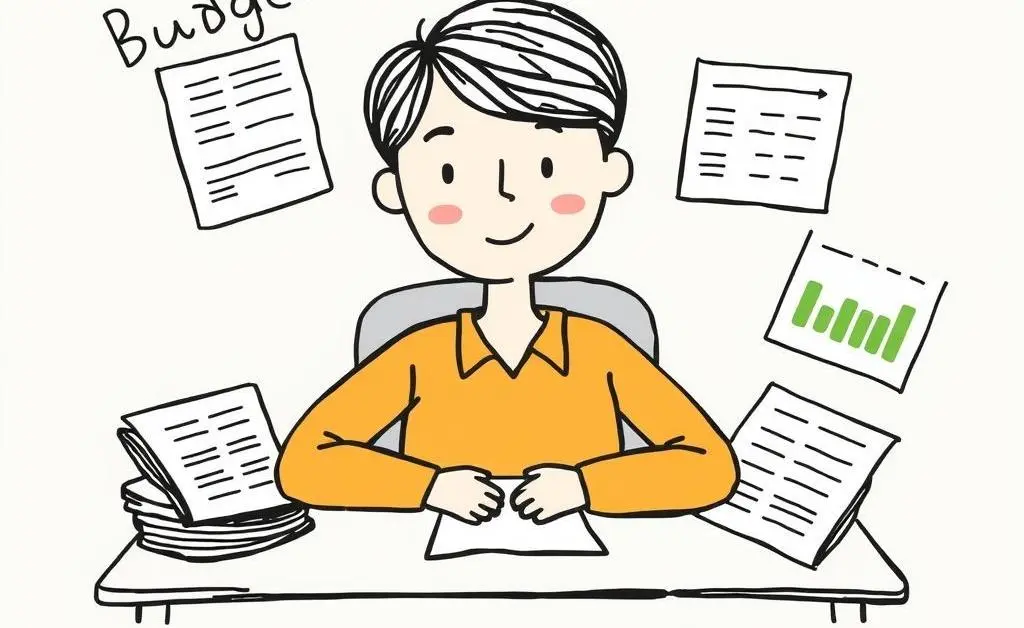 A person planning their budget surrounded by financial tools.