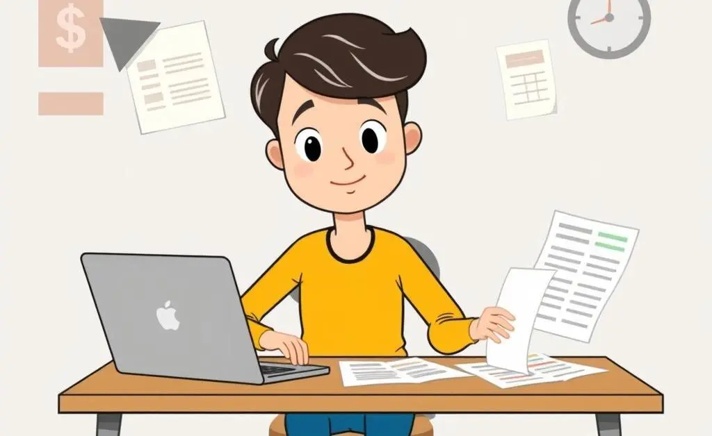 A cartoon-style scene of a person sitting at a desk, planning their budget with a laptop and notes