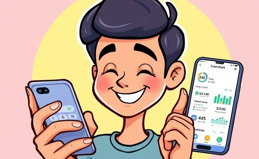 Cartoon illustration of a person using a budgeting app on a smartphone