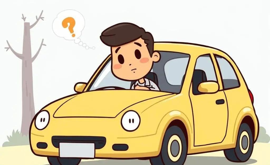 A cartoon image of a person inspecting their car thoughtfully