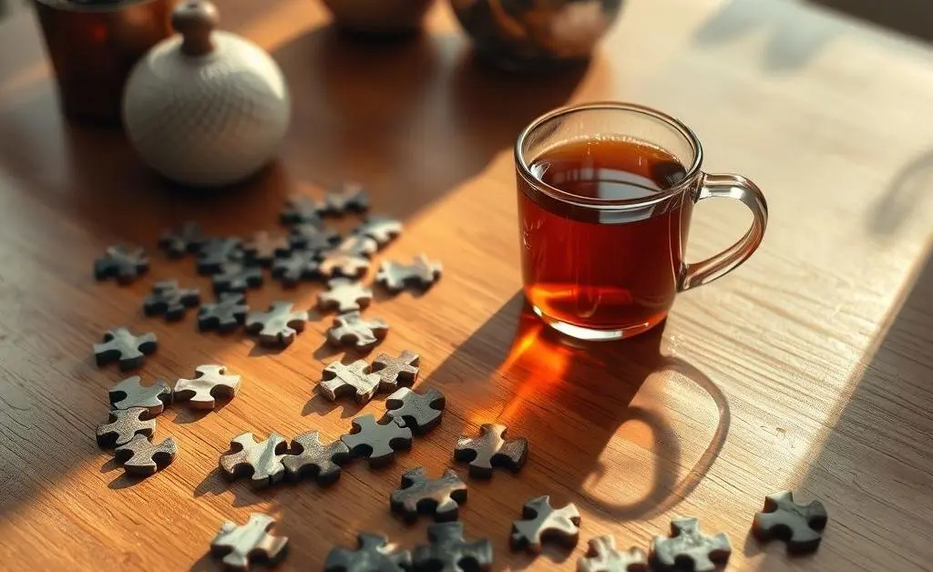 Puzzle pieces and a mug of tea on a table, representing mindful decision making