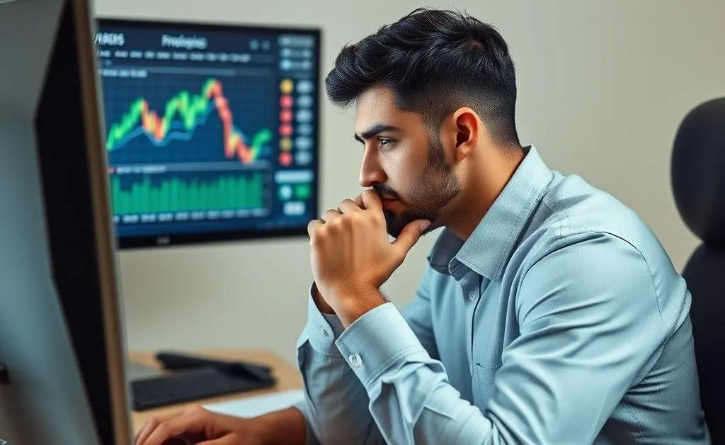 An individual sitting at a desk, looking contemplative, with financial graphs on a computer screen.