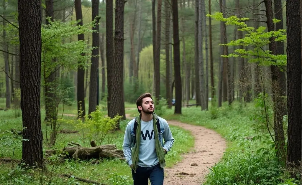 A person walking thoughtfully along a forest path, surrounded by nature