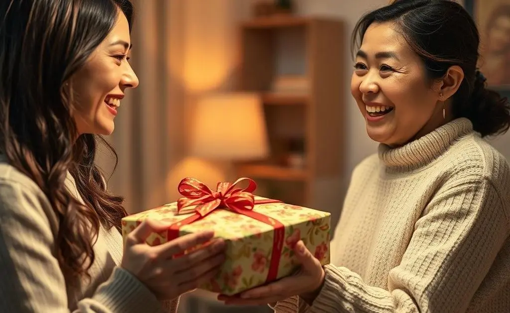 A scene of a person giving another a wrapped gift, with warm expressions.